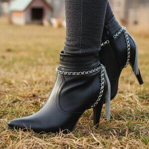 Women Silver Metal Chain Boot Bracelet Shoe Charm Back Side Tassel Fringes SET